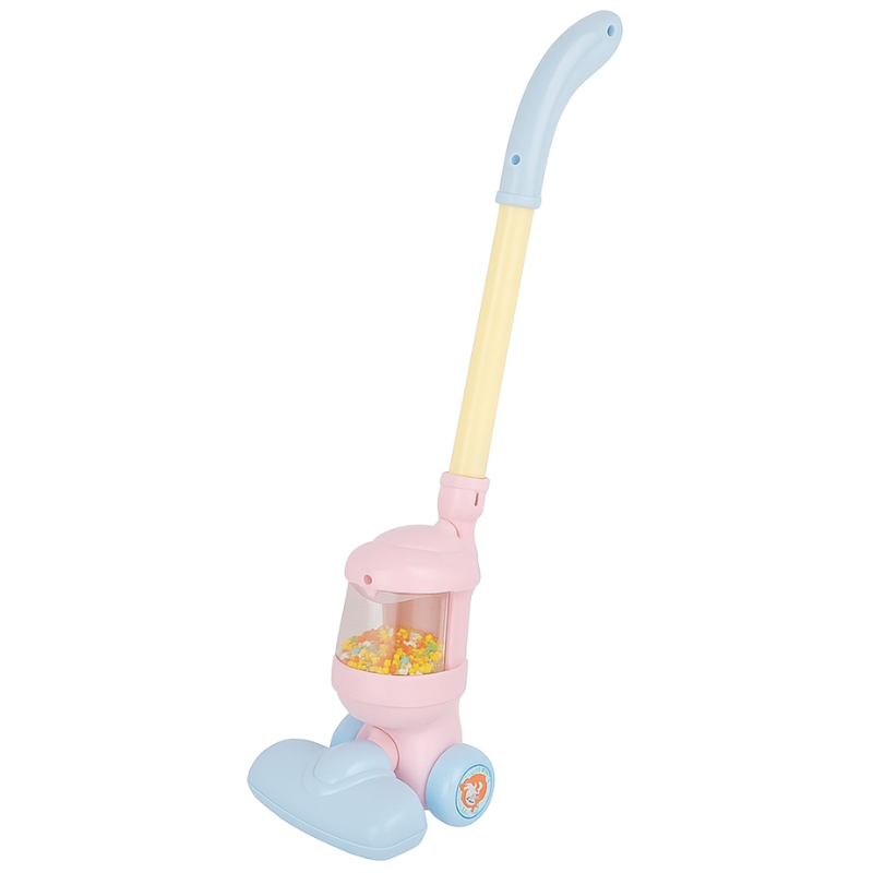 Close-up of kids' toy vacuum cleaner: realistic design for engaging role-playing activities, durable plastic