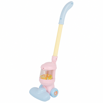 Close-up of kids' toy vacuum cleaner: realistic design for engaging role-playing activities, durable plastic