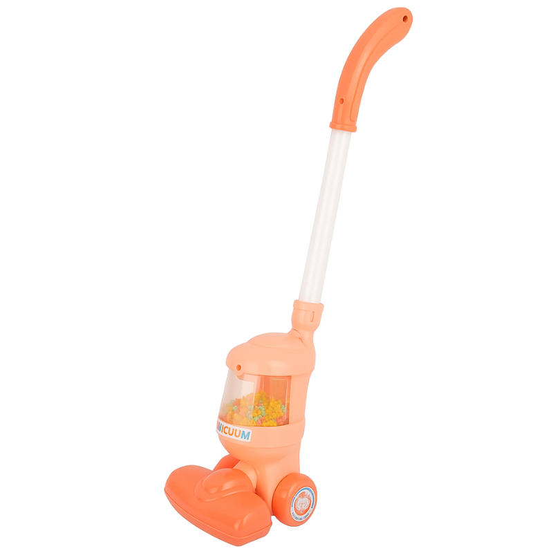 Child happily pushing a colorful pretend play vacuum cleaner toy across a room, mimicking cleaning