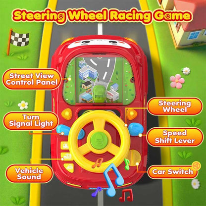 Toddler playing with a blue remote control racing car toy on a track, educational, durable, fun
