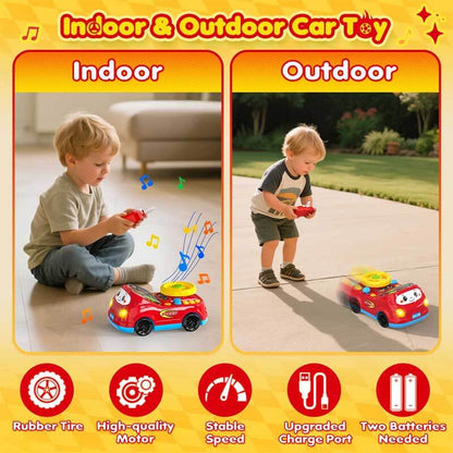 Action shot of two remote control toy cars racing on a checkered track, exciting adventure game