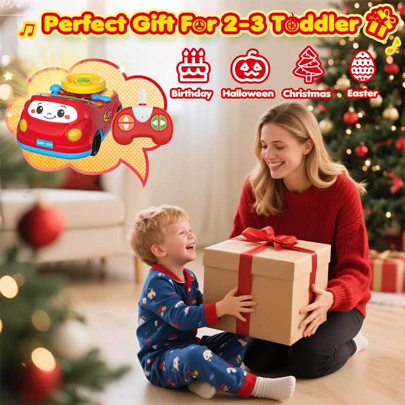 Box packaging for a kids' remote control car racing adventure toy, highlighting key features and age range