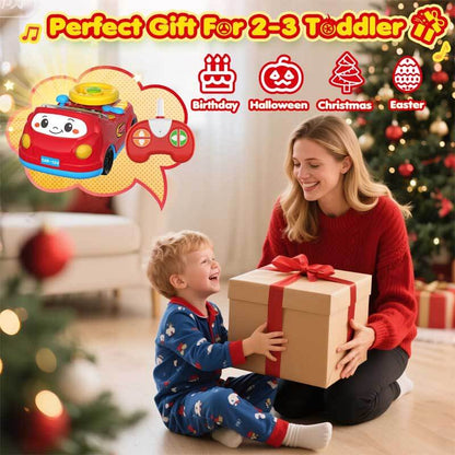 Box packaging for a kids' remote control car racing adventure toy, highlighting key features and age range