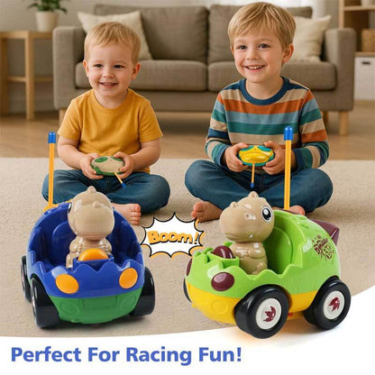 Toddler playing with green remote control dinosaur car on a track, educational toy