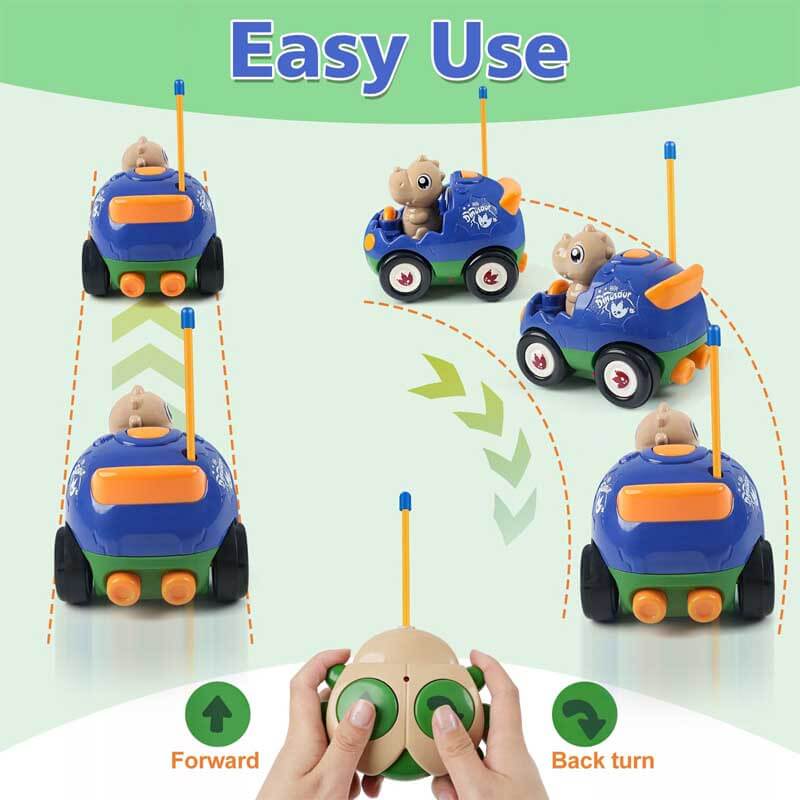 View of all pieces in kids' remote control dinosaur racing car toy set, ready for play