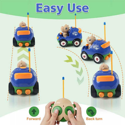 View of all pieces in kids' remote control dinosaur racing car toy set, ready for play