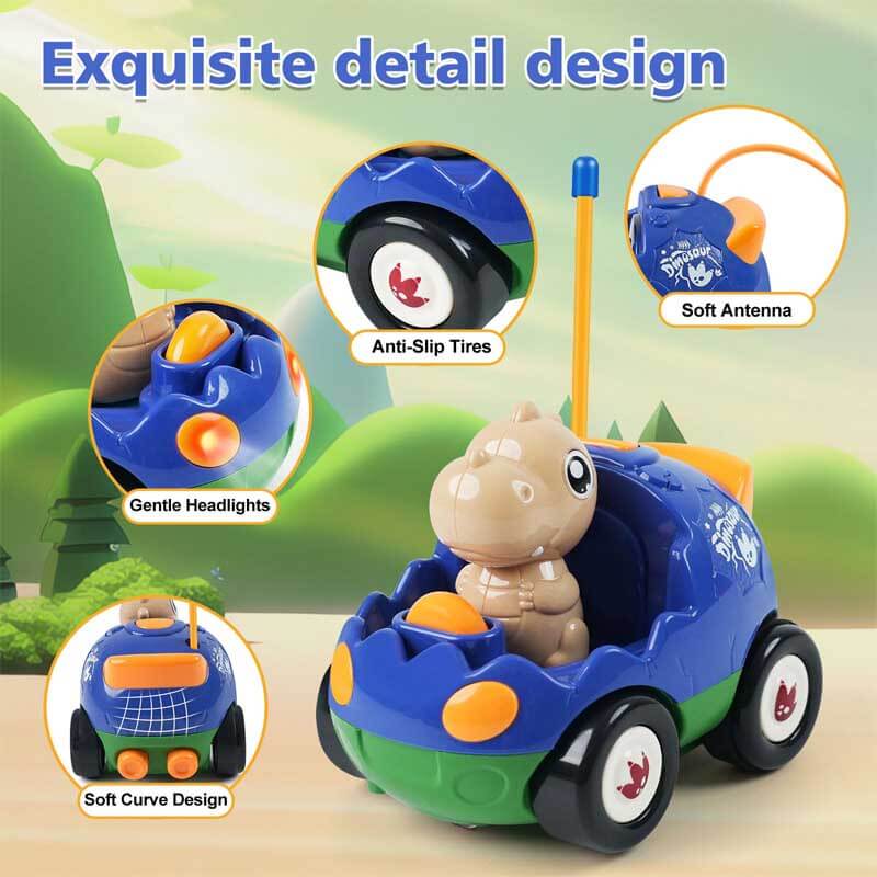Remote control in child's hand, controlling a dinosaur toy car from the racing set