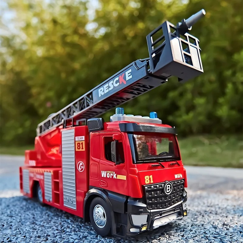 Kids' remote control fire truck toy spraying water, with flashing lights, red plastic vehicle for children
