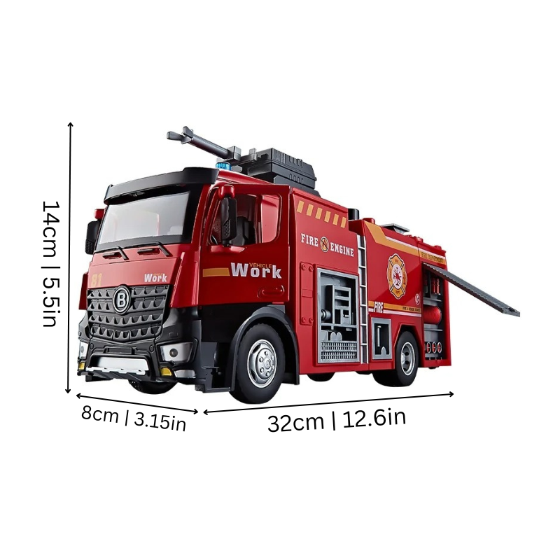 RC fire truck toy for kids featuring water spray function and bright LED lights, educational vehicle play