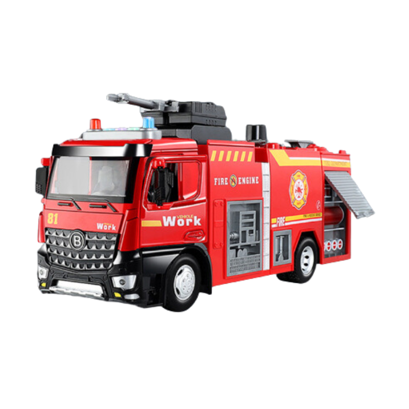 Child playing with red remote control fire truck, active water spray and lights, perfect for young boys & girls