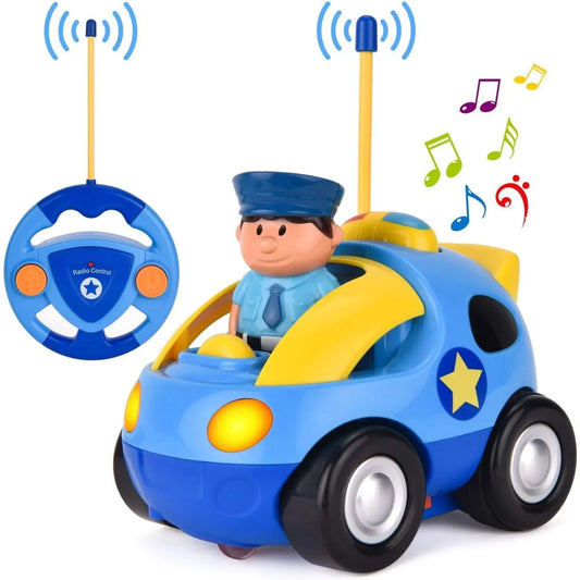 Kids' remote control police car toy in blue and white, developing motor skills, for creative play