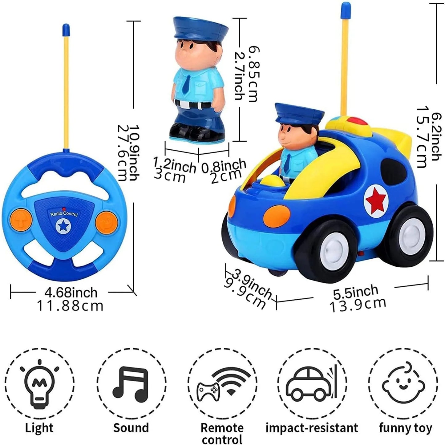 Close-up of a plastic remote control police car, ideal children's toy for educational and activity play