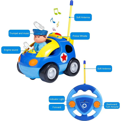 Child's hand holding a remote control for a police toy car, enhancing motor skills and creative play