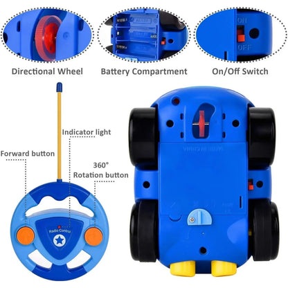 Blue and white police toy car, remote controlled, on a playset, perfect for kids' imaginative activity