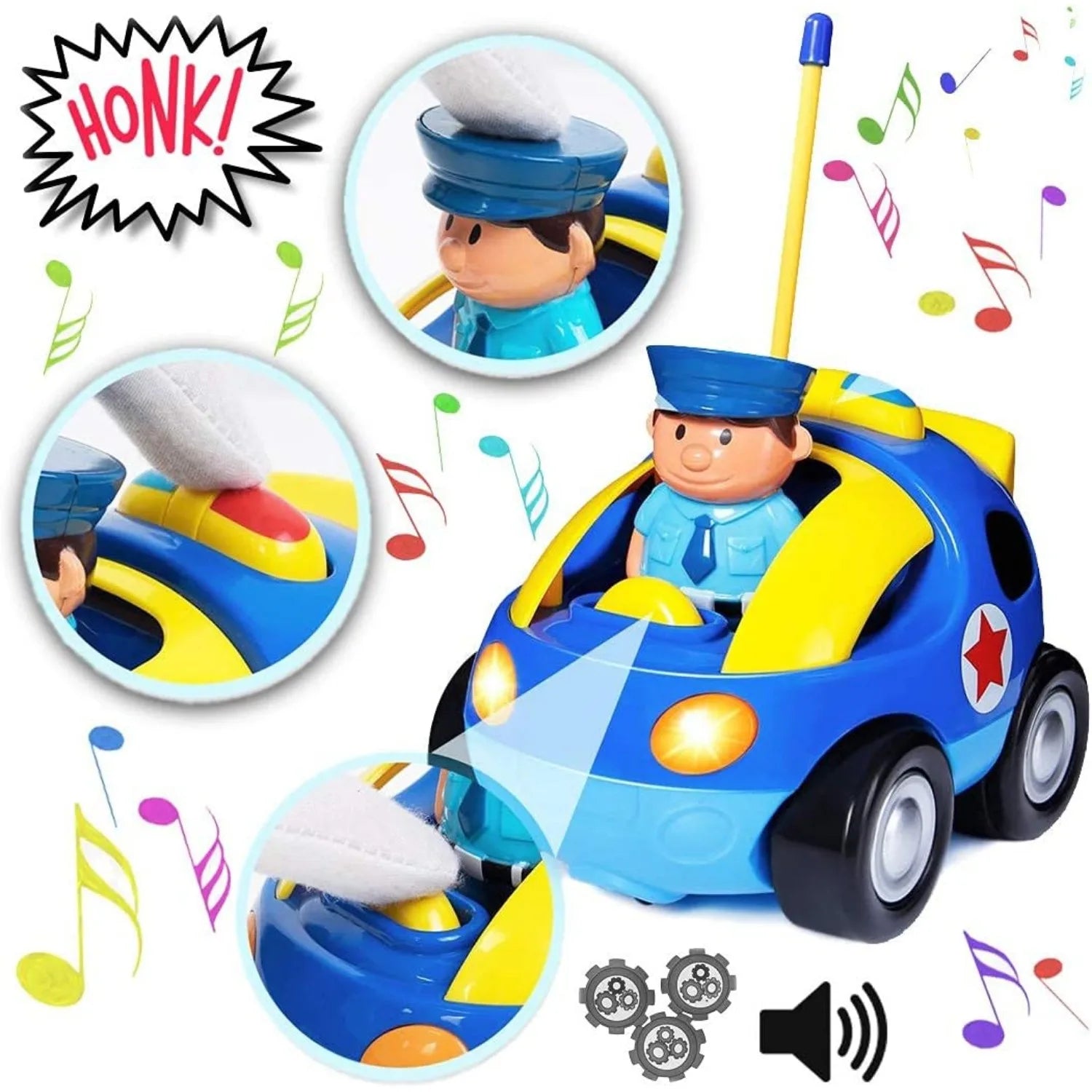 Action shot of a remote control police car toy speeding, promoting active play and motor skill development