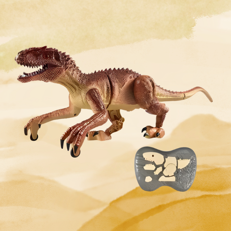 Kids' remote control walking dinosaur toy with green skin and red eyes, interactive dino figure for boys and girls.