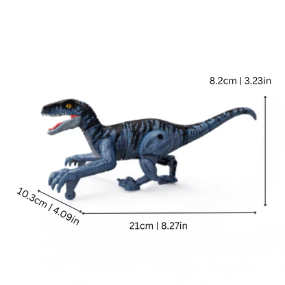 Child playing with a remote control walking dinosaur toy on the living room floor, electronic animal for kids.