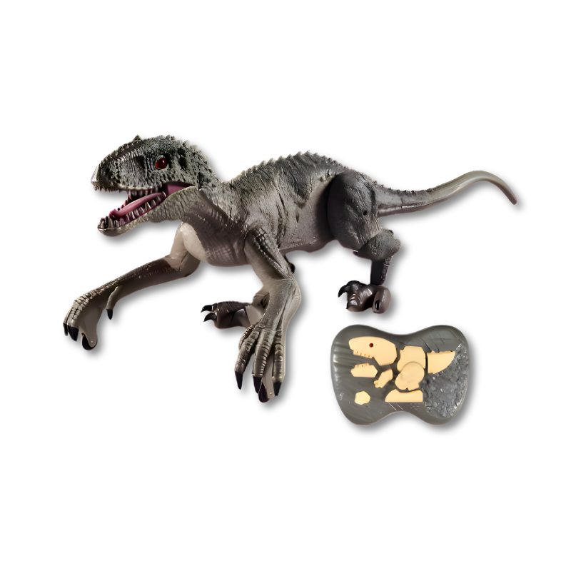 Close-up of the textured skin and fierce eyes of a remote control walking dinosaur toy, detailed dino figure.
