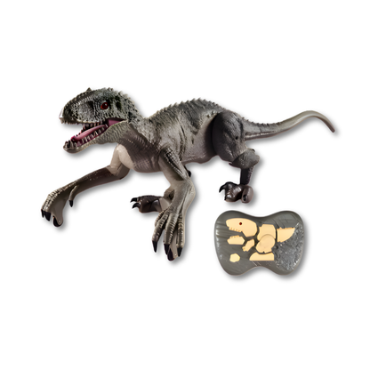 Close-up of the textured skin and fierce eyes of a remote control walking dinosaur toy, detailed dino figure.