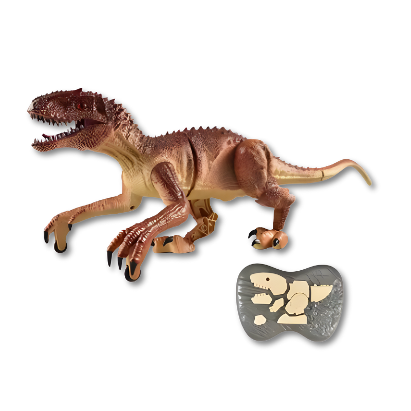A hand holding the remote control next to a walking dinosaur toy, illustrating easy operation for kids.