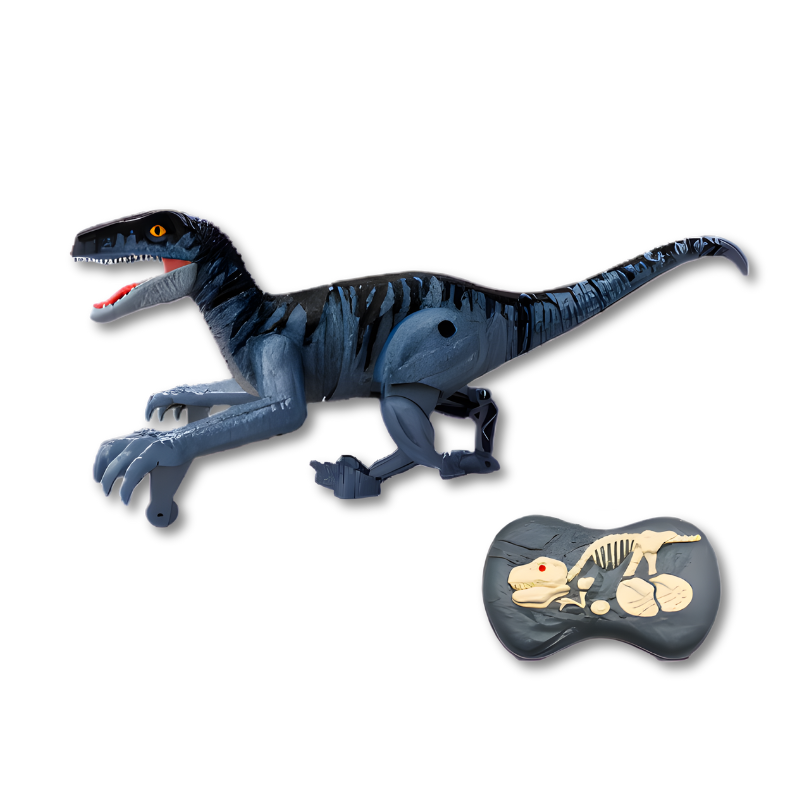 Side view of a remote control walking dinosaur toy with its mouth open, roaring action for engaging kids' play.