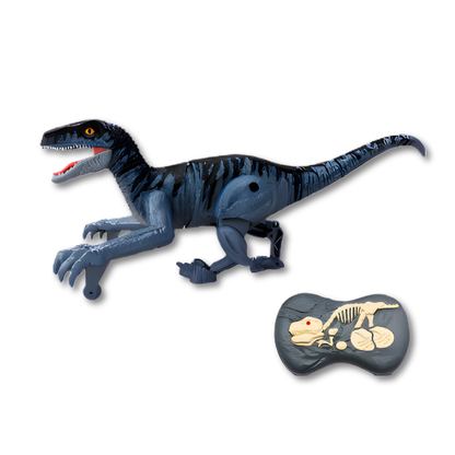 Side view of a remote control walking dinosaur toy with its mouth open, roaring action for engaging kids' play.