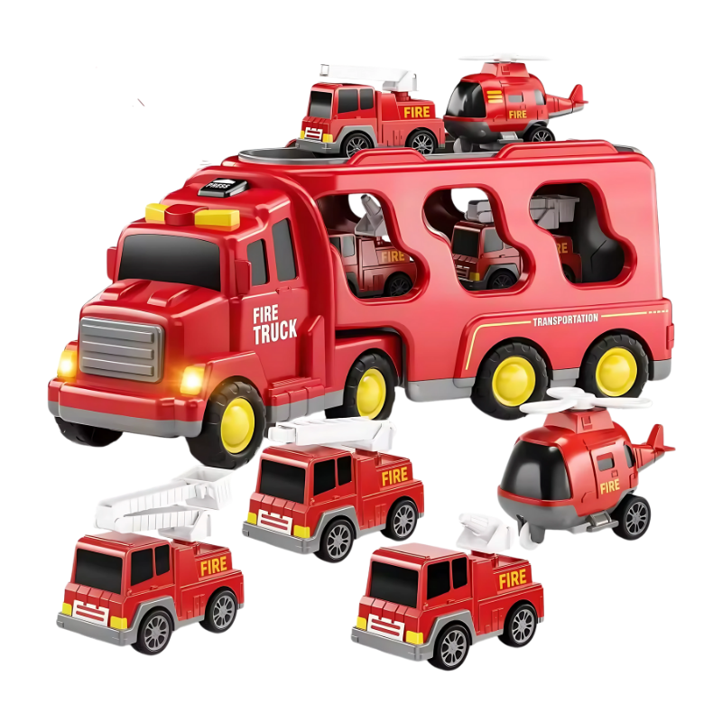 Assorted toy vehicles from Kids' Rescue Mission Playset, including a rescue jeep