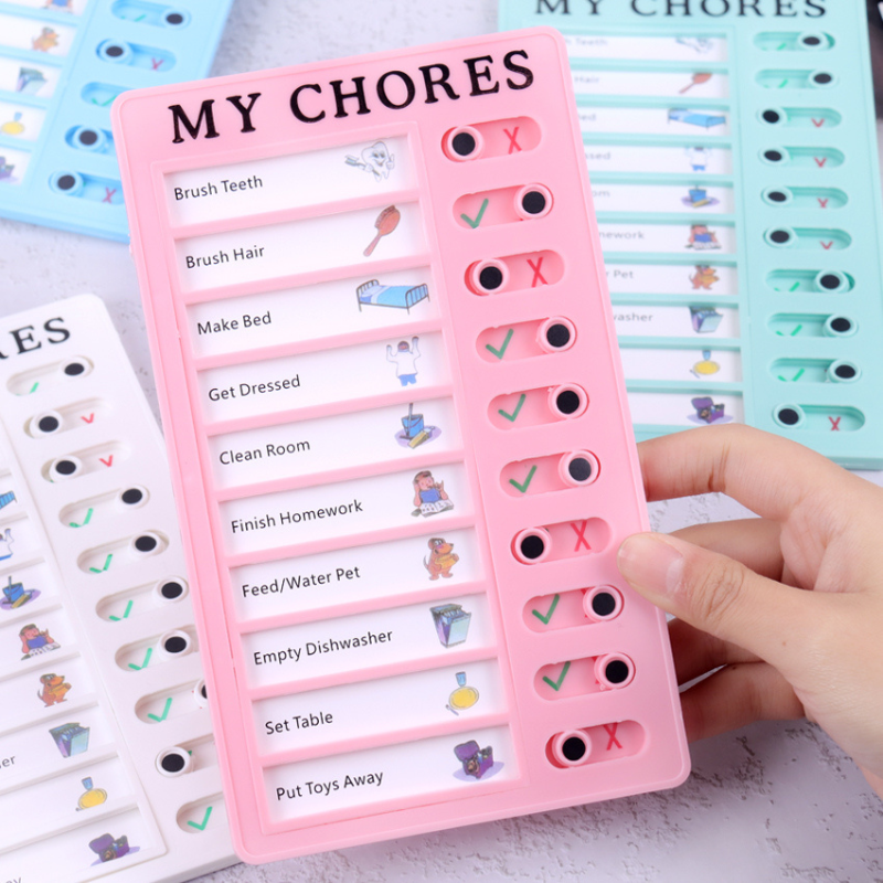 Kids' reusable daily chore chart board, colorful, with magnetic stars & task slots for visual routine management