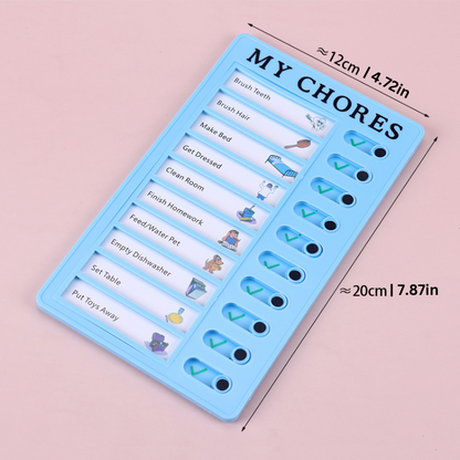 Magnetic chore chart for kids, featuring cartoon illustrations, helping children manage daily tasks and responsibilities
