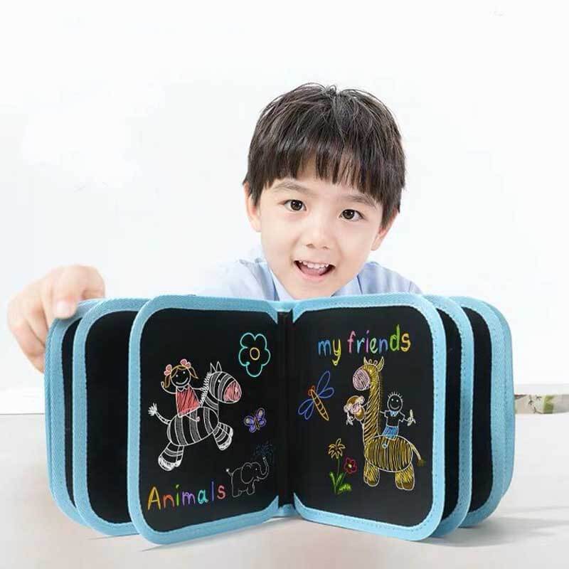 Kids reusable doodle pad notebook with colorful pens, perfect for creative drawing & travel.