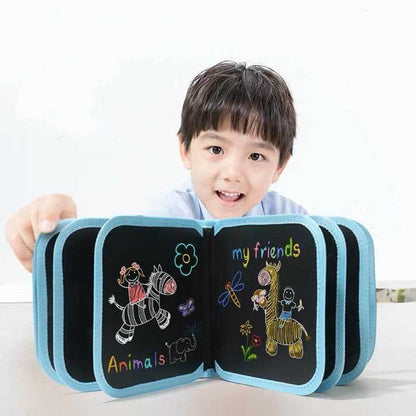 Kids reusable doodle pad notebook with colorful pens, perfect for creative drawing & travel.