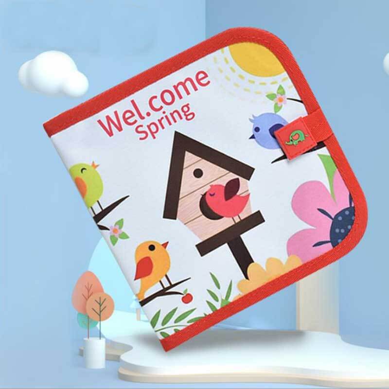 Close-up of a reusable drawing pad's colorful page, illustrating its erasable surface for kids' art.