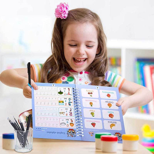 Kids Reusable Magic Practice Copybook Set with four books, pens, and refills for preschool learning.