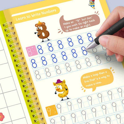 Child writing in a Kids Reusable Magic Practice Copybook, improving fine motor skills with grooved pages.