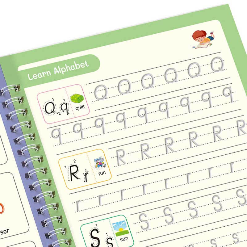 Colorful illustration of a Kids Reusable Magic Practice Copybook promoting early childhood development.