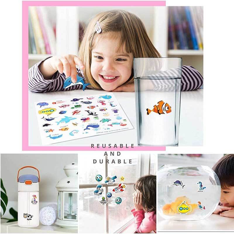 Kids reusable sticker activity book, 'Animals' theme, open to a farm scene with various animal stickers.