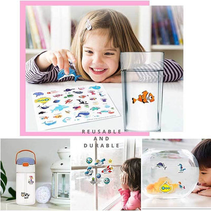Kids reusable sticker activity book, 'Animals' theme, open to a farm scene with various animal stickers.