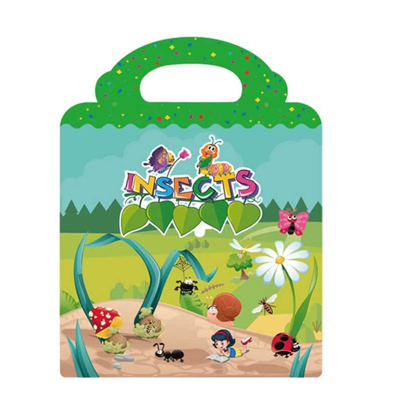 Set of reusable sticker activity books and a carry bag, emphasizing portability and convenience.