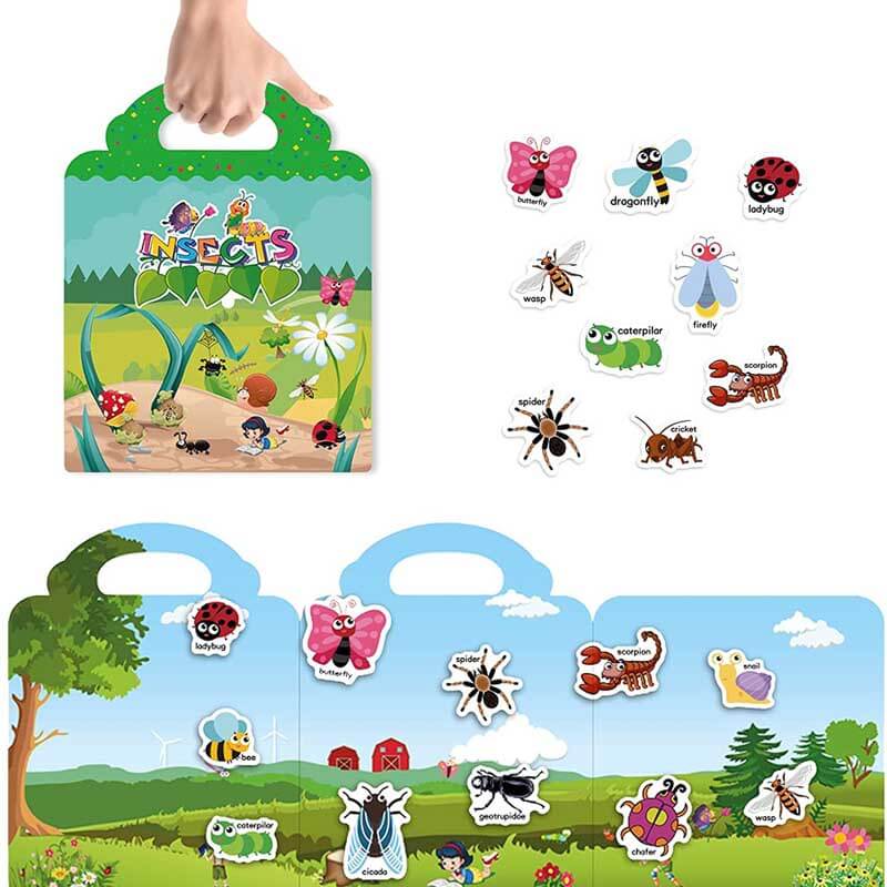 High-angle view of a child using a reusable sticker activity book, fostering creativity and learning.