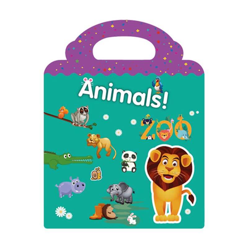 Toddler holding a portable reusable sticker activity book, 'Vehicles' theme, placing a car sticker.