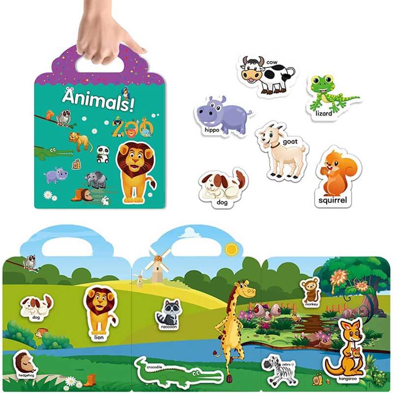 Close-up of a child's hand engaging with a reusable sticker activity book, enhancing fine motor skills.