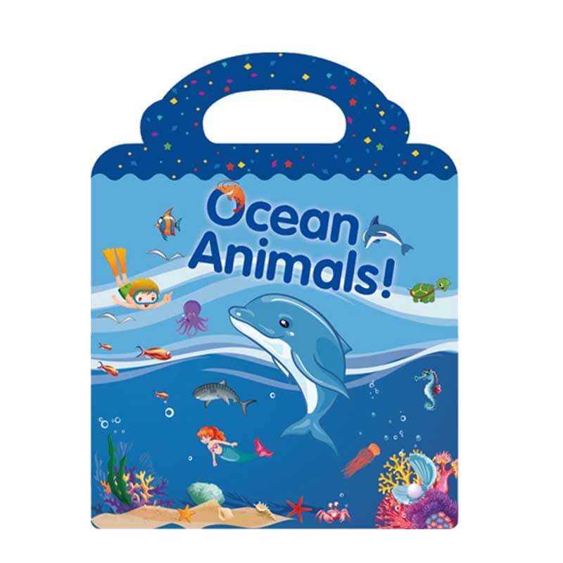 Educational reusable sticker book open to a 'Dinosaurs' scene, showing diverse dinosaur stickers.