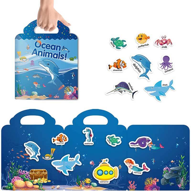 Portable sticker activity book for kids, 'Ocean Life' theme, perfect for travel games and learning.