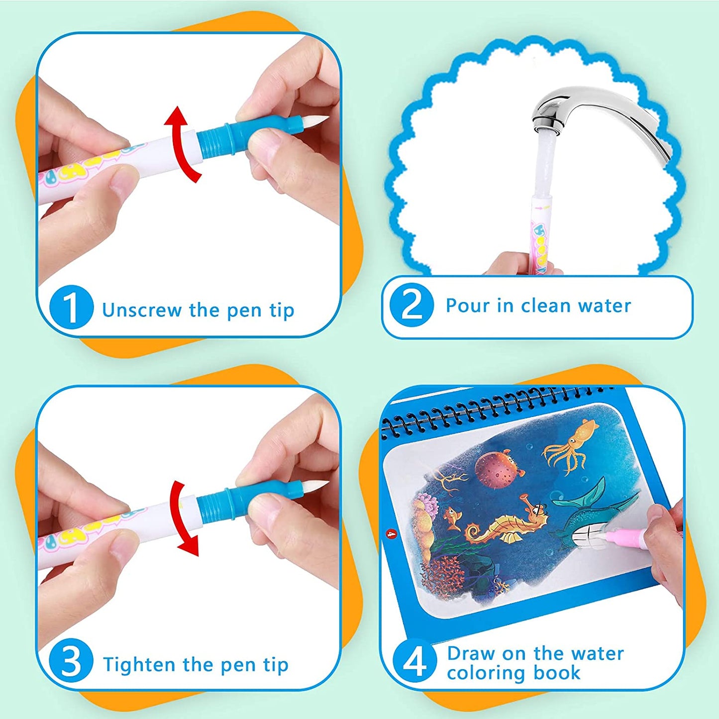 Water Reveal Coloring Book for kids, showing a page appearing with vibrant colors when wet