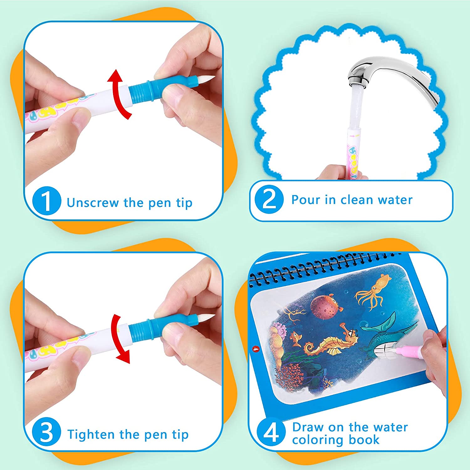 Water Reveal Coloring Book for kids, showing a page appearing with vibrant colors when wet