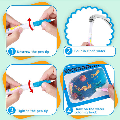 Water Reveal Coloring Book for kids, showing a page appearing with vibrant colors when wet
