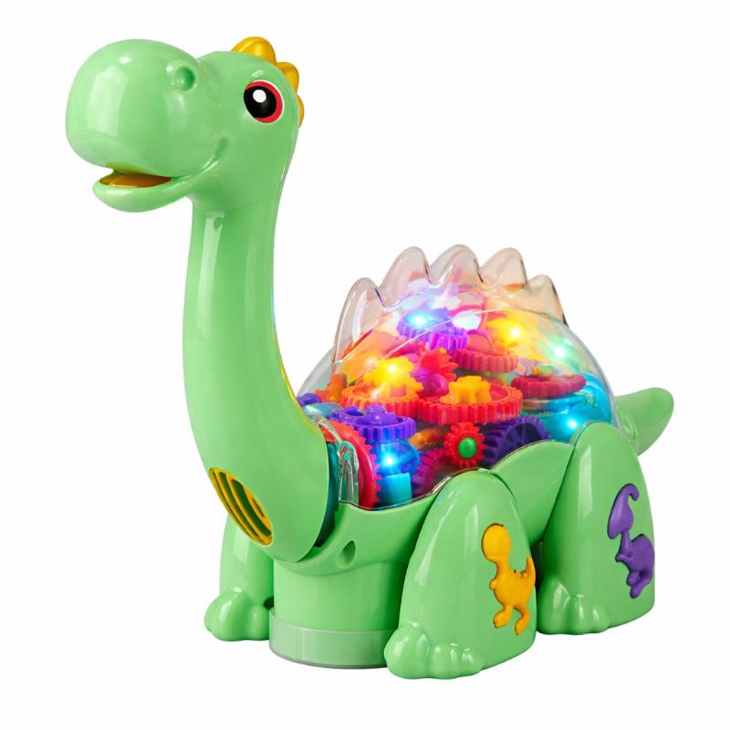 Kids' roaring interactive gear dinosaur toy with colorful turning gears and flashing lights, perfect for toddlers.