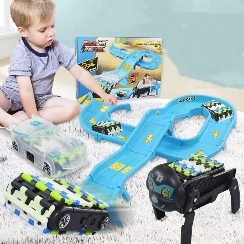 Colorful kids' robot car on a race track with walking dog toy for educational playtime