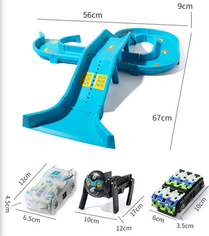 Robot car and walking dog toy on a kids' race track, engaging and educational playtime
