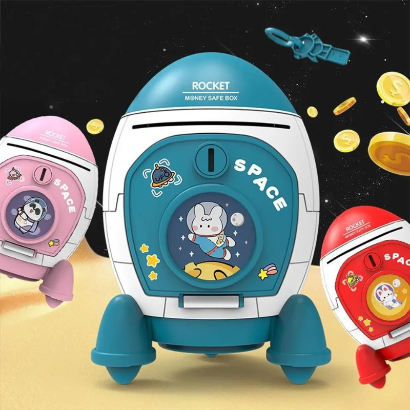 Kids' Rocket Astronaut Piggy Bank, blue and red, saving money, space themed decor for children